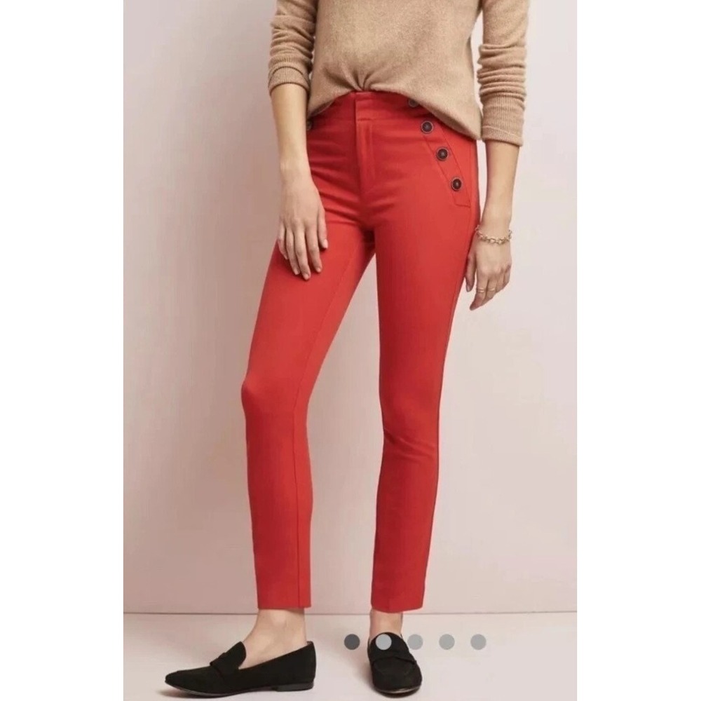 $120 NWT Essential Slim By Anthropologie Skinny Pants Red Button Sides Size 4
